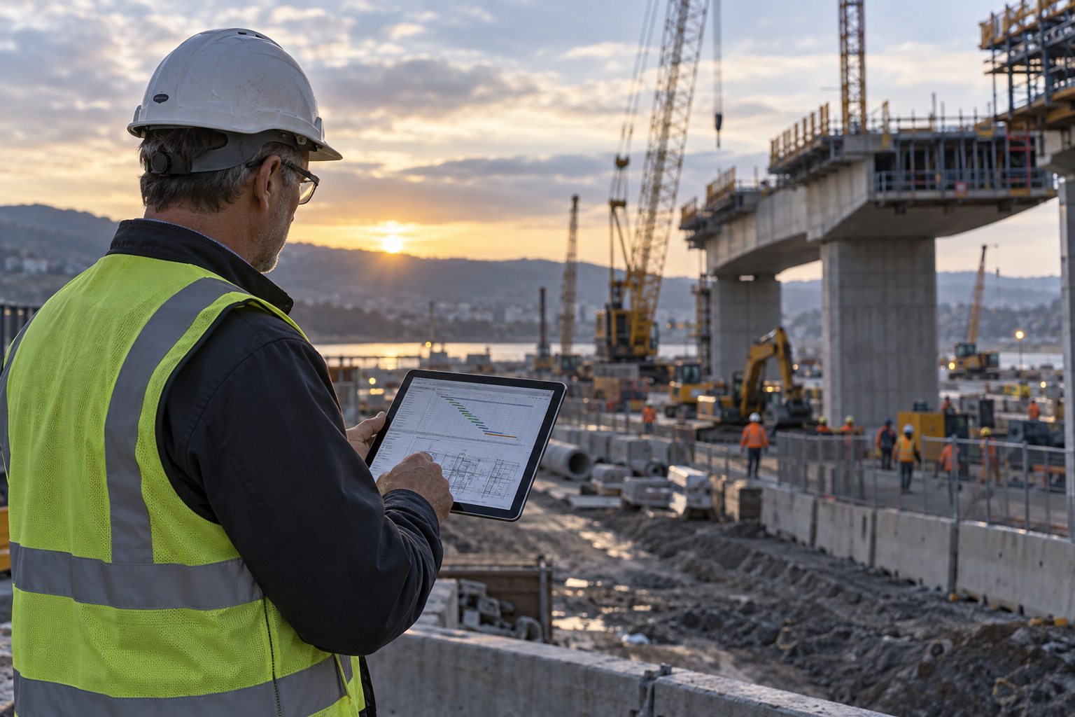 Senior construction consultant reviewing project information on site