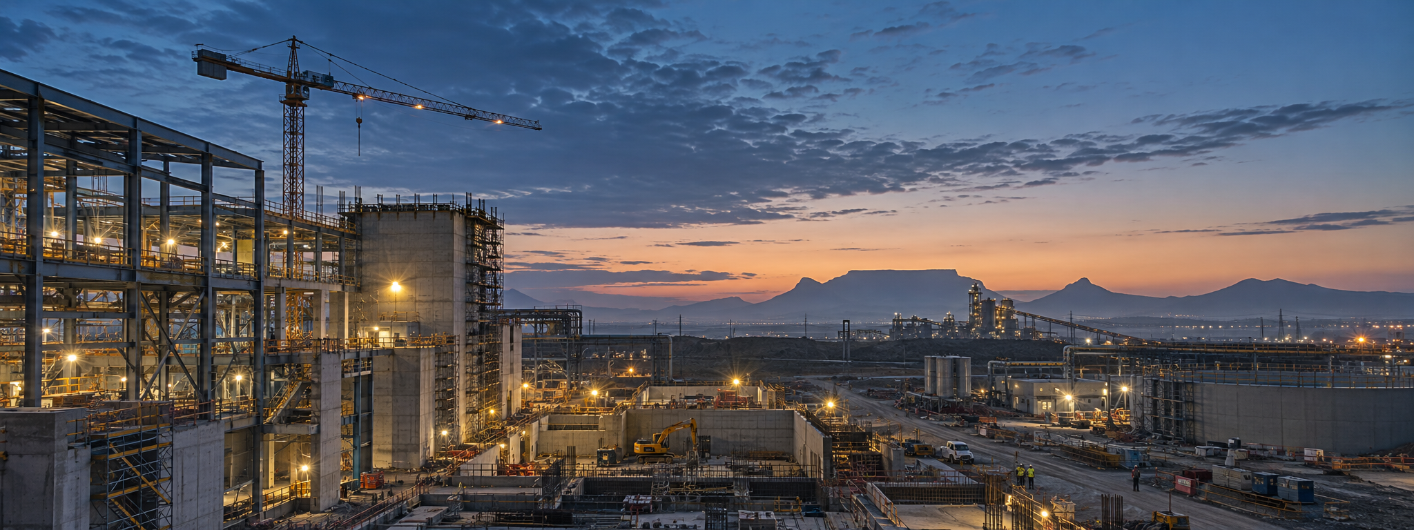 Large-scale construction and industrial project at dawn